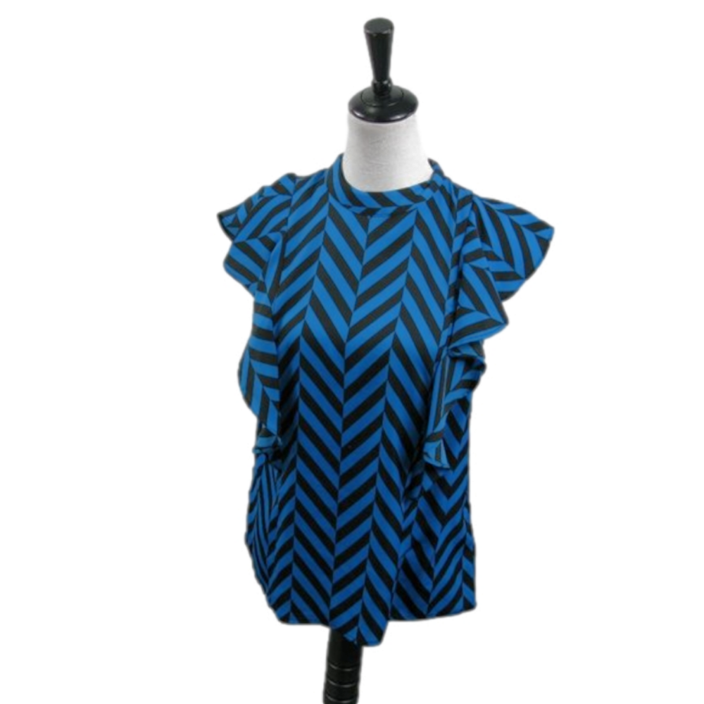 Worthington Tuquoise/Black Stripe Ruffled Sleeveless Blouse Size Medium